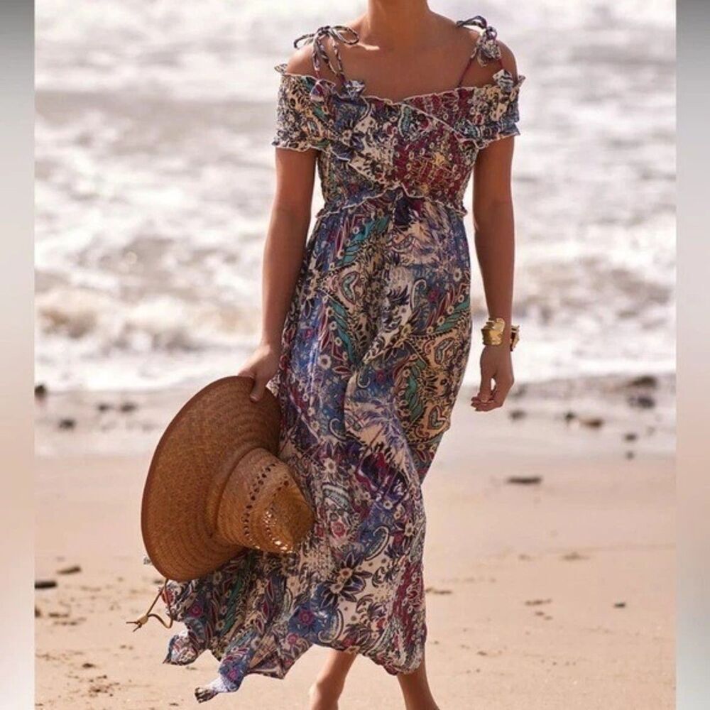 Anthropologie Smocked Gauze Criss-Cross Dress Paisley Boho Cotton Women sz XS